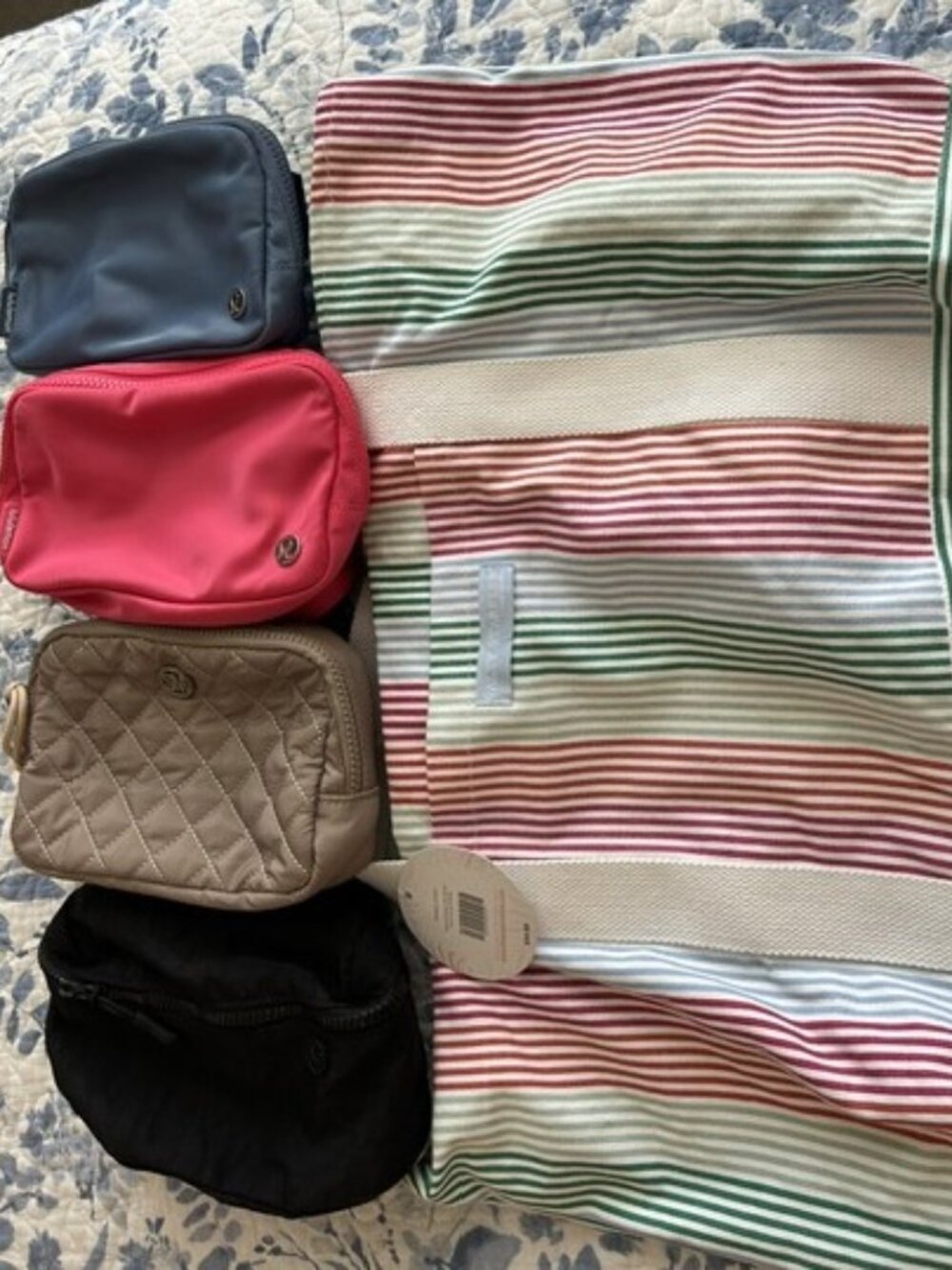 Crossbodies and beach bag; stripes; blue; flamingo; black; tan.